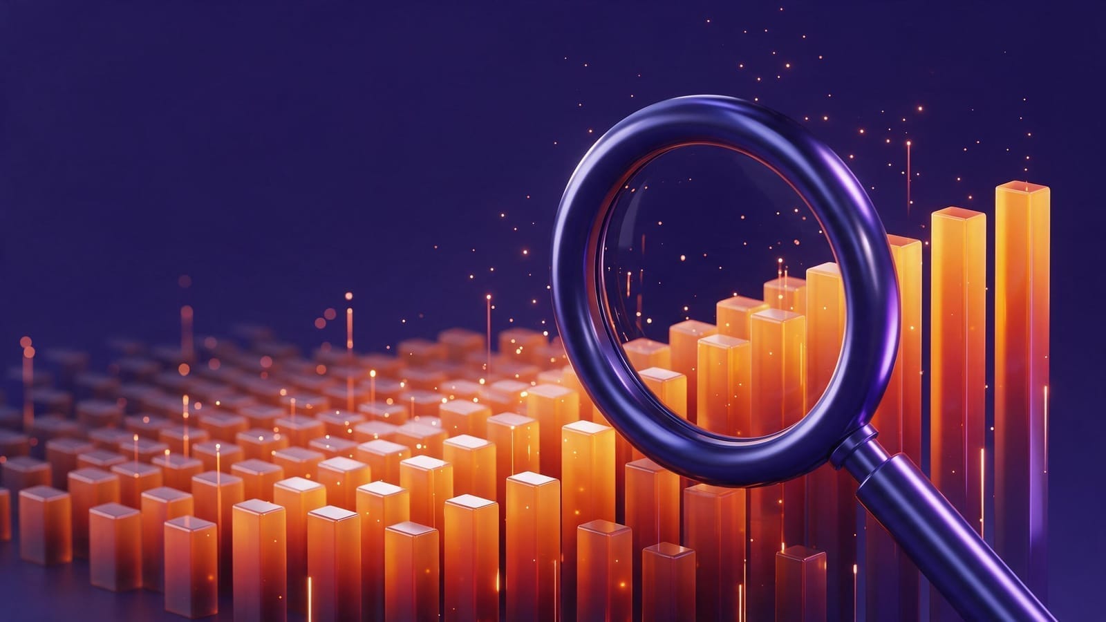 A lens ring over a field of rising orange bars, the AISEORESULT mark in three dimensions