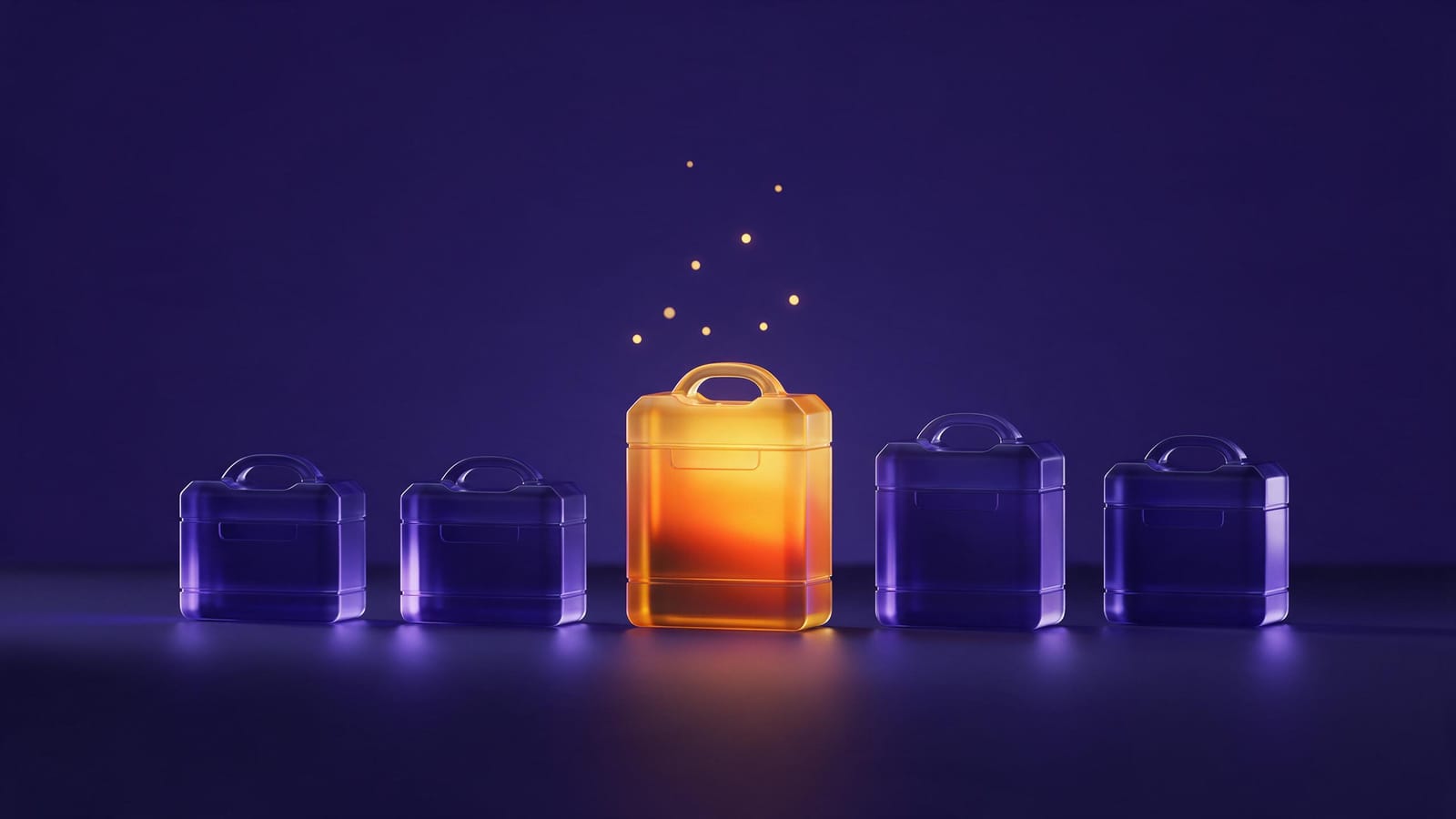 A row of indigo glass blocks with the tallest glowing orange