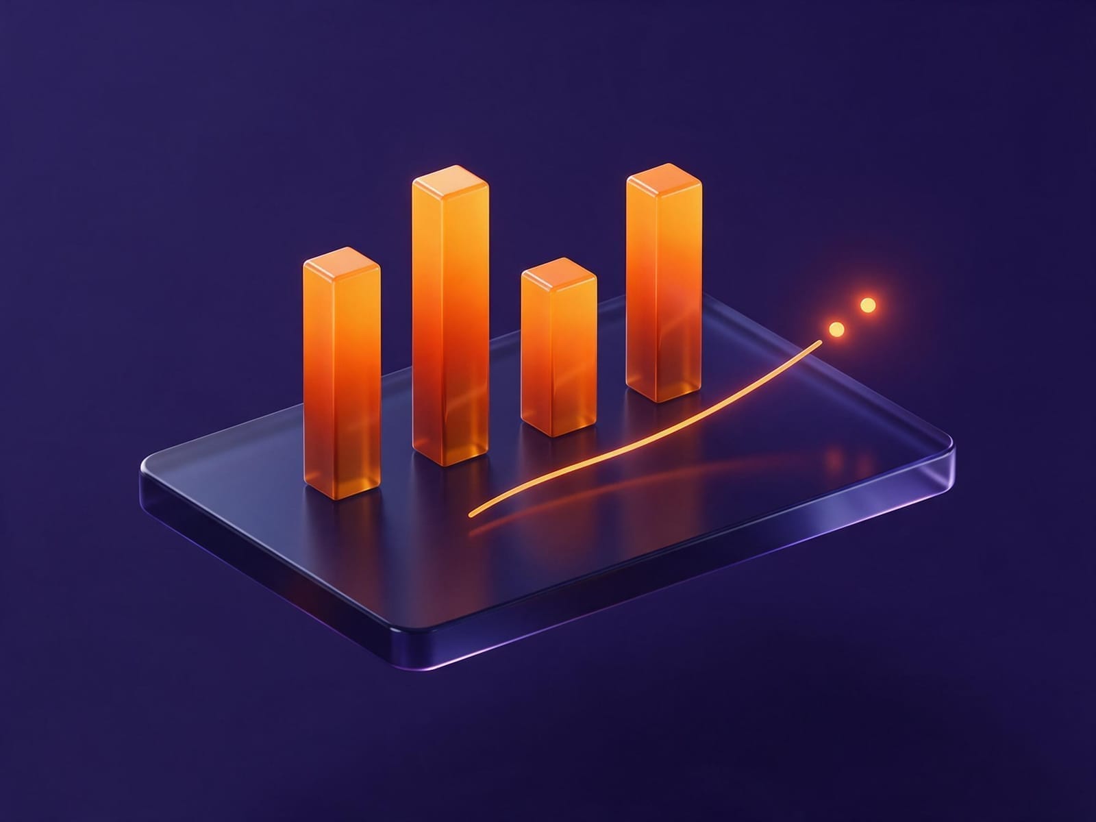 A tilted glass panel holding four orange bars and a rising line, the shape of a weekly AI visibility report