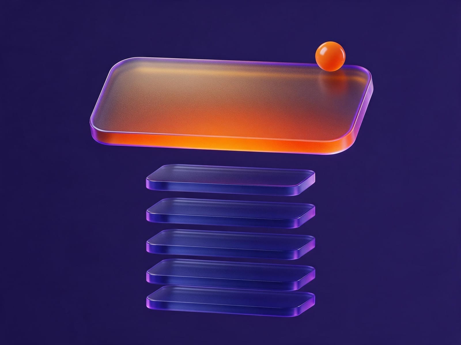 A wide glowing glass panel floating above a column of smaller indigo panels