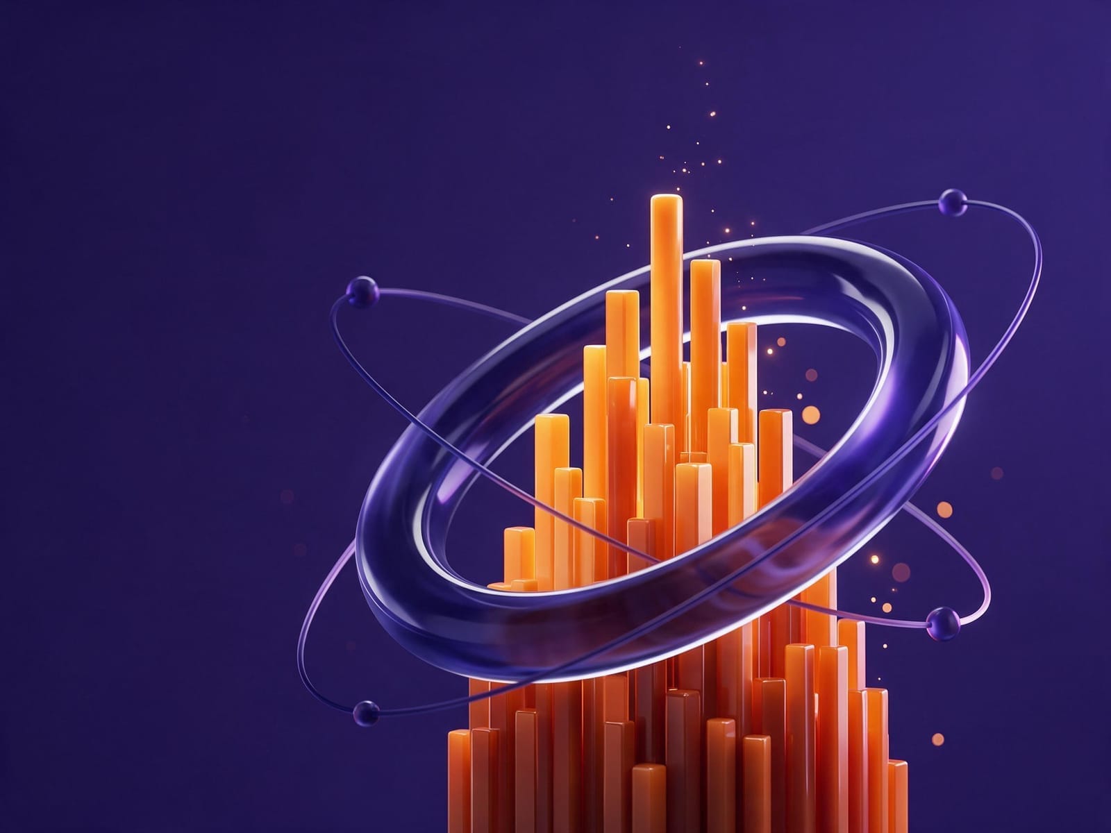 Glossy orange bars rising through a tilted indigo glass ring