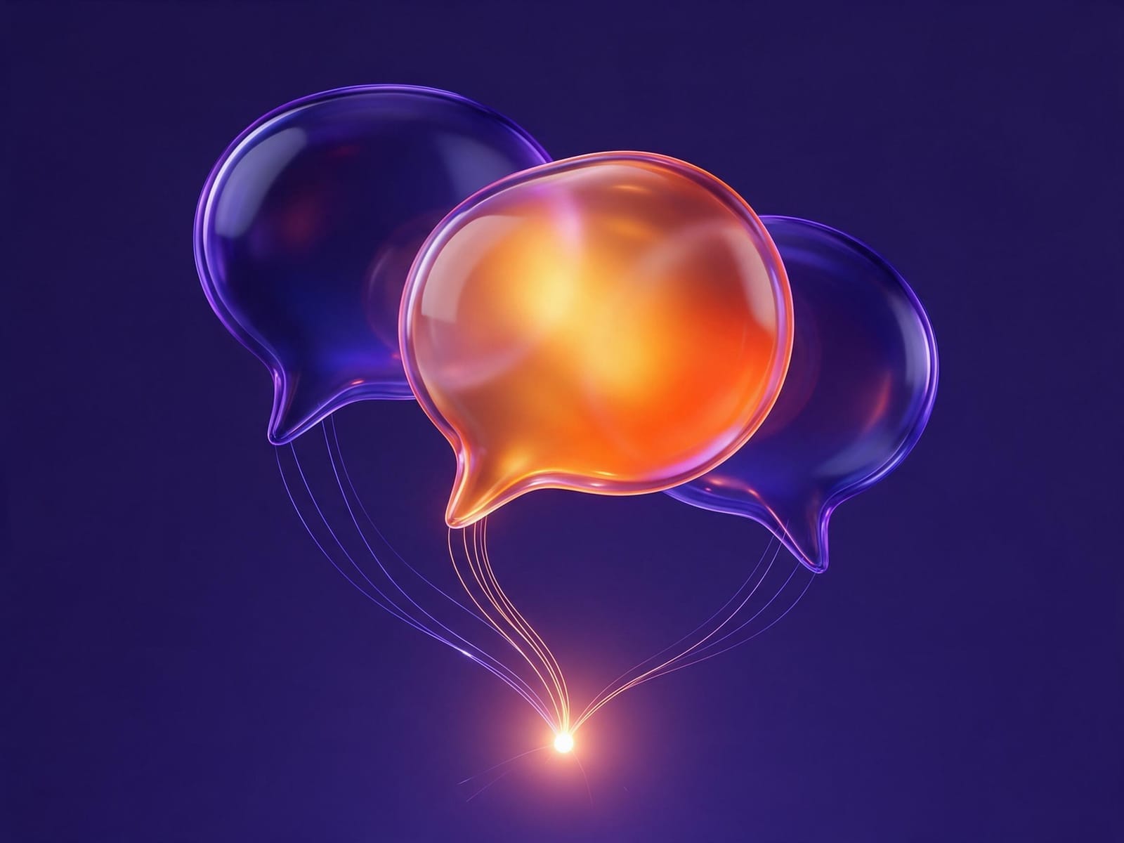 Three glass speech bubbles with the front one glowing orange, connected by light threads to a source