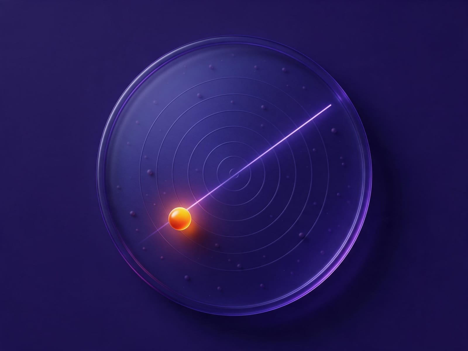 An indigo radar disc with one orange dot lit among dim dots