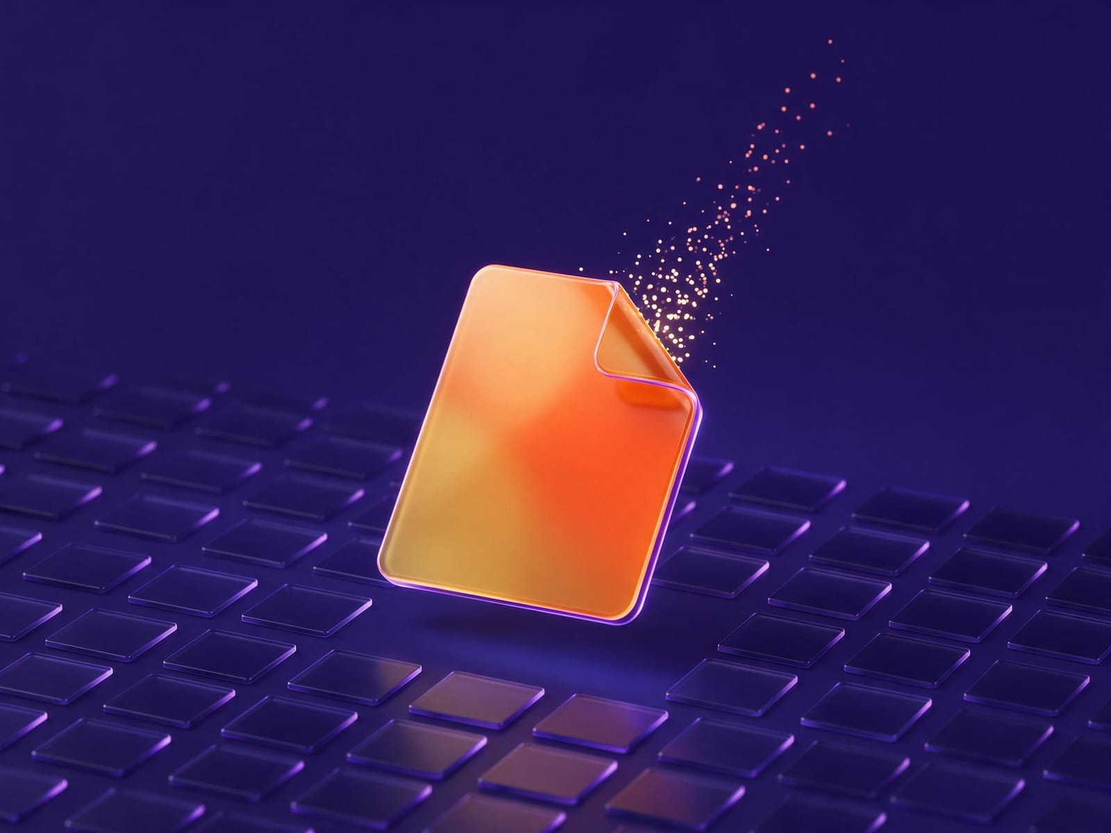 A single orange document rising from a grid of dim glass cards